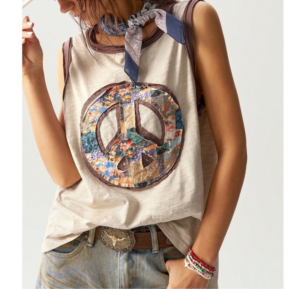 Boho Floral Print Peace Patch Sleeveless Top S M L